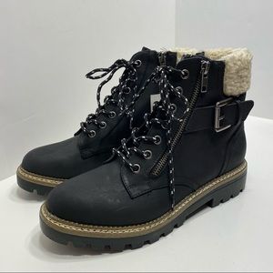 Black Cream Sherpa Lace Up Boots Womens Buckle